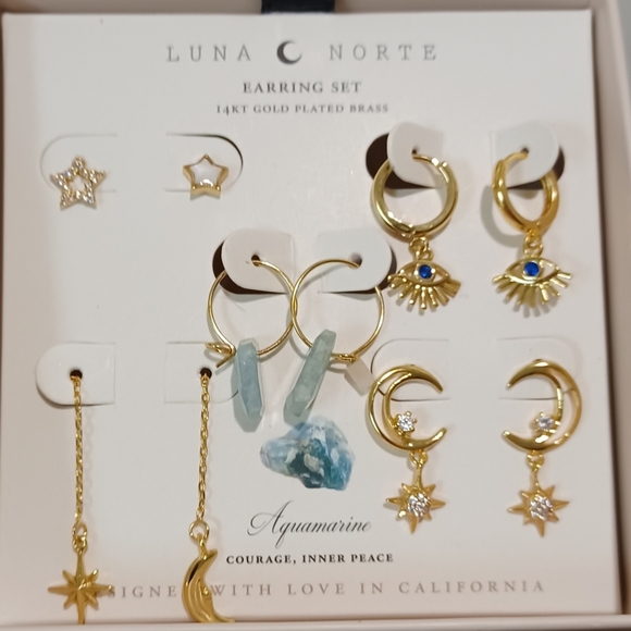 5 PAIRS OF EARRINGS BY LUNA NORTE GOLD PLATED AQUAMARINE GEMSTONES BRAND NEW - Picture 7 of 11